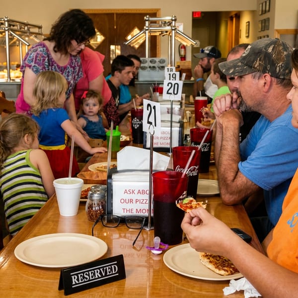 Families and children eating pizza at long tables in a casual restaurant with a buffet line.