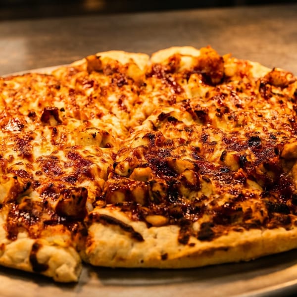 A freshly baked pizza with melted cheese and chicken pieces on a metal pan.
