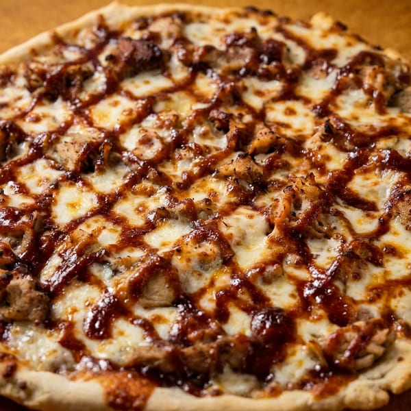 Close-up of a BBQ chicken pizza with melted cheese and a drizzle of barbecue sauce.