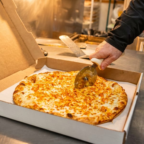 A hand uses a pizza cutter to slice a freshly baked pizza with cheese and chicken in a box.