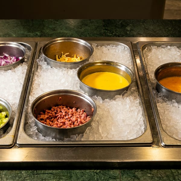 Salad bar with various toppings and dressings in metal bowls on a bed of ice.