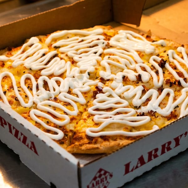 A Larry's Pizza box holds a hot pizza topped with cheese, bacon bits, and white sauce.