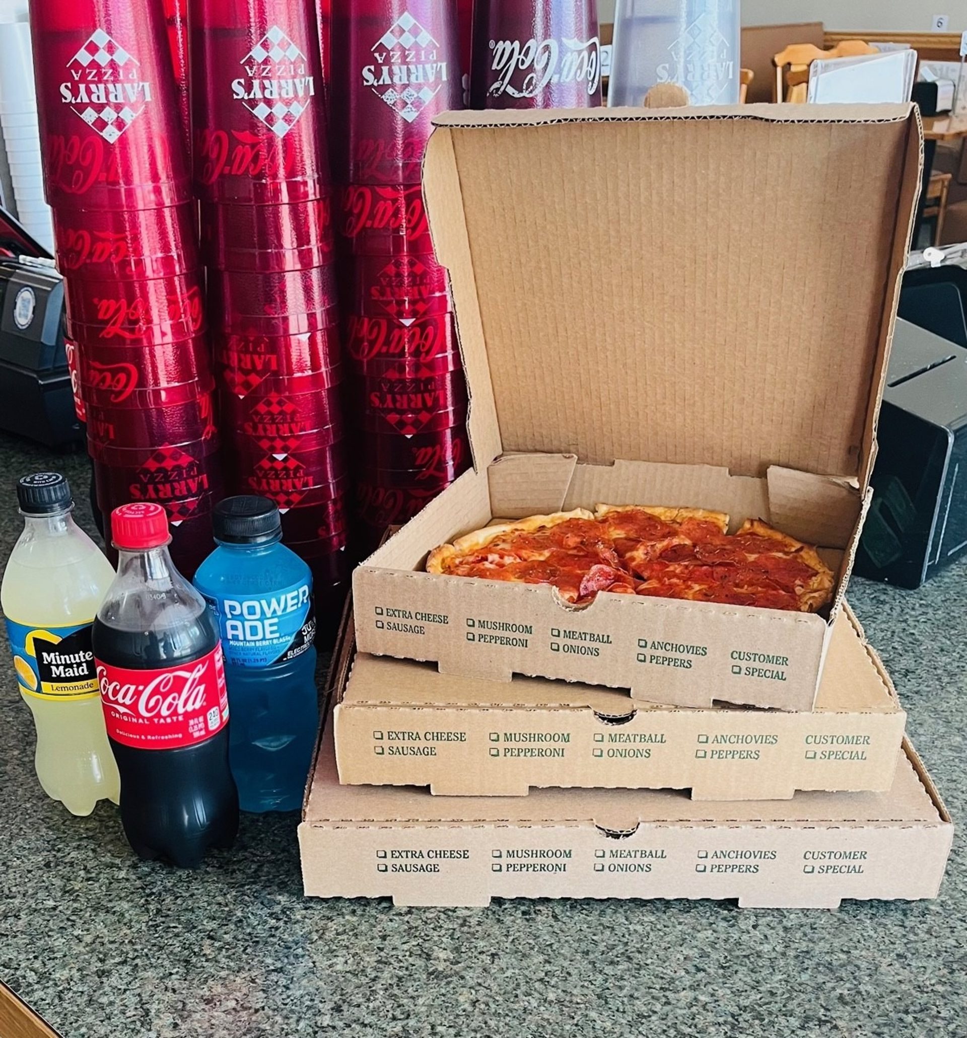 Pizza and drink packs at Larry’s Pizza Of Paragould