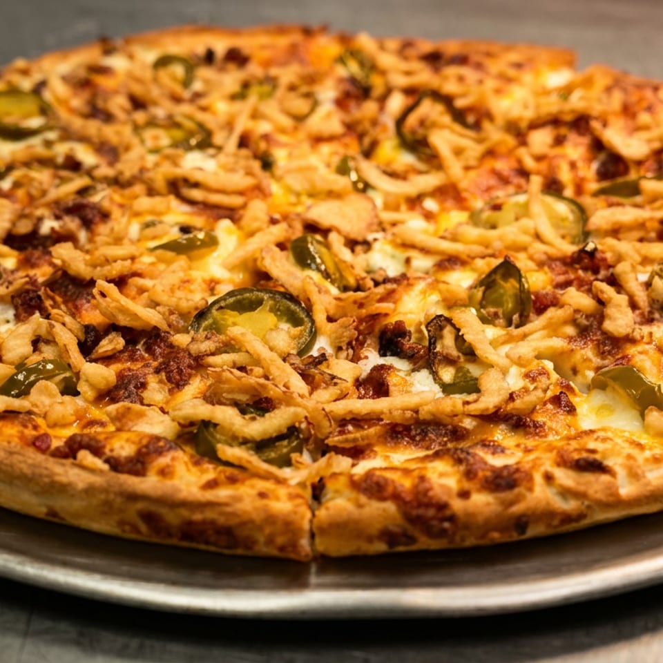 A whole pizza with jalapeños and crispy fried onions on a metal pan.