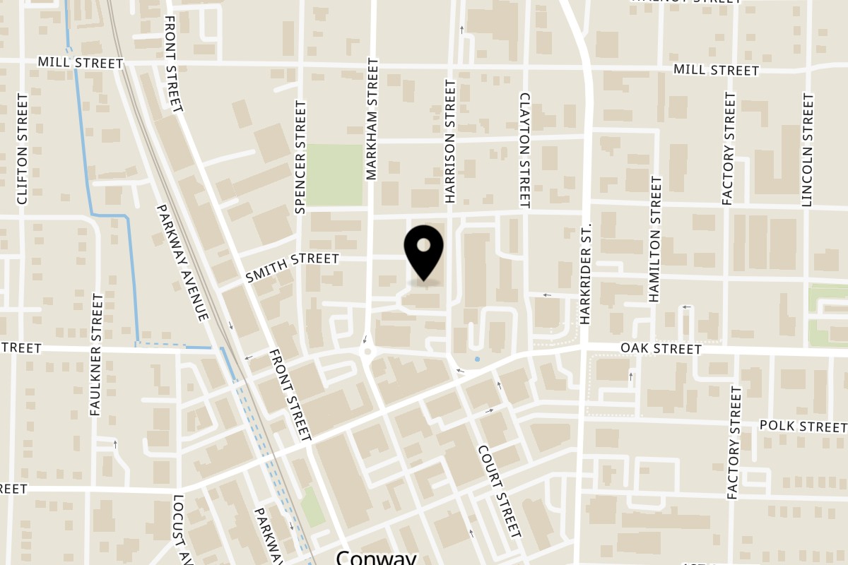Map showing the location of Larry's Pizza Conway on 1068 Markham St in Conway