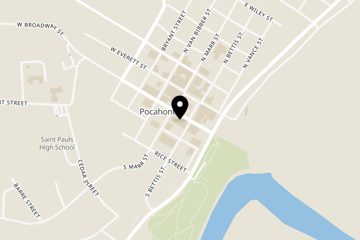 Map showing the location of Larry's Pizza Pocahontas on 107 E Broadway St in Pocahontas